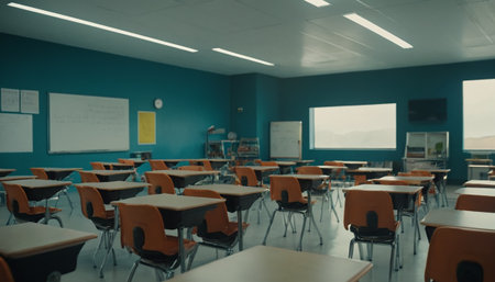 Empty classroom with rows of chairs and desks in primary school or universityの素材