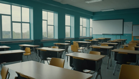 Interior of an empty classroom with tables and chairs. 3d renderingの素材