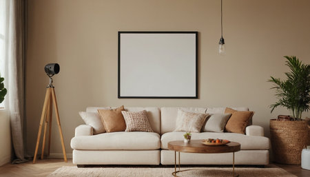 Living room interior with mock up poster frame. 3d render illustrationの素材