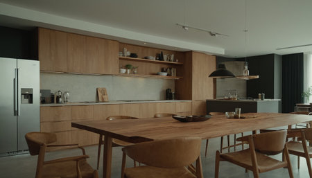 interior of modern kitchen with dining table and chairs. Nobody insideの素材