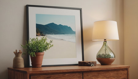 Modern scandinavian living room interior with photo frame, table lamp and plantsの素材