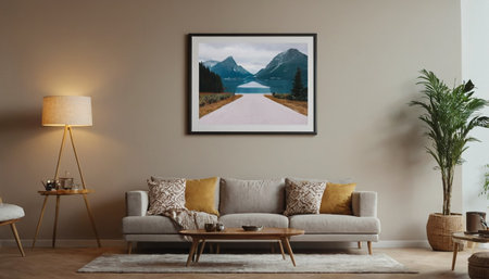 Interior of modern living room with sofa, coffee table and pictures on wallの素材