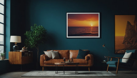 Living room interior with sofa, coffee table and pictures on wall. 3D Renderingの素材