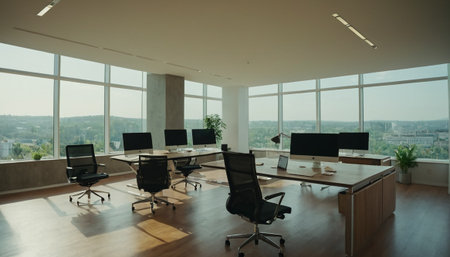 Modern office interior with panoramic window and city view. Nobody insideの素材