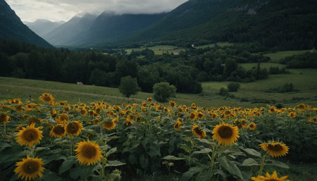 Sunflowers on the background of mountains and clouds in the summerの素材