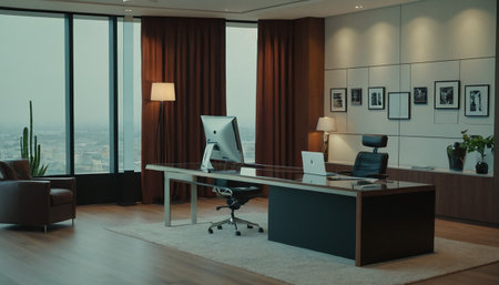 Modern office interior with furniture, equipment and city view. 3D Renderingの素材