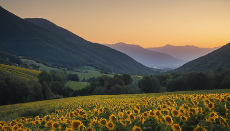 Sunflower field in the mountains at sunset. Beautiful summer landscape.の素材