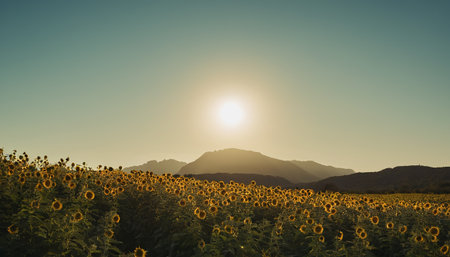 Sunflower field at sunset with mountains in the background. Beautiful landscape.の素材