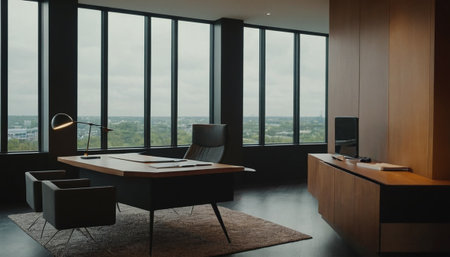 Interior of modern office with wooden walls, concrete floor, panoramic window with city view and daylight. 3d renderingの素材