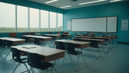 Classroom interior with empty whiteboard on the wall and empty chairsの素材