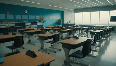 Empty classroom with tables and chairs in school, education and learning conceptの素材