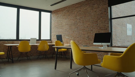 Modern bright coworking office interior with furniture and daylight. 3D renderingの素材