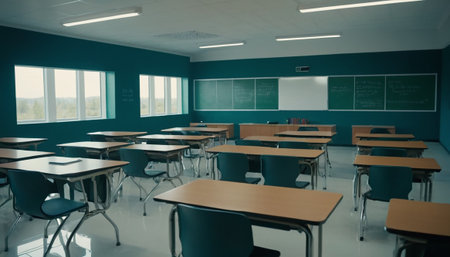Interior of a class room with desks and chairs in a schoolの素材