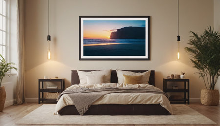 Modern bedroom interior design. Mock up poster hanging on the wall.の素材
