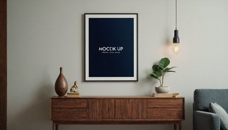 Mock up poster frame in living room interior, 3d renderの素材