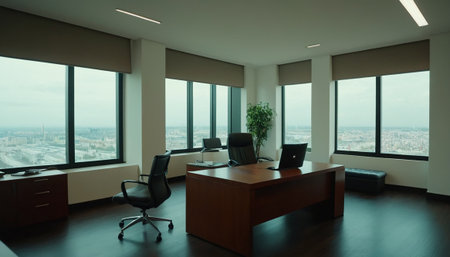 Luxury office interior with panoramic city view. Nobody insideの素材