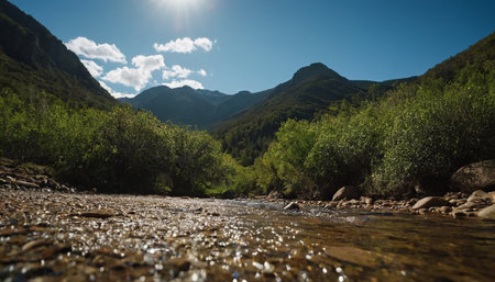 Mountain river with clear water and blue sky in the background.の素材