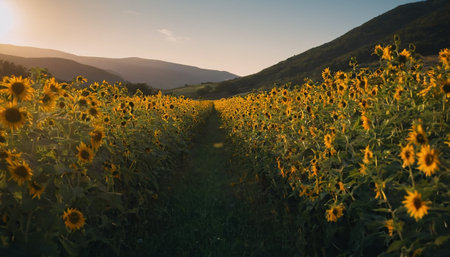 Sunflower field at sunset in the mountains. Beautiful summer landscape.の素材
