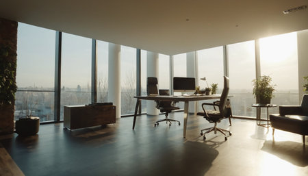 Modern office interior with panoramic window and city view. Nobody insideの素材