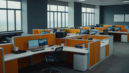 Modern bright open space office with rows of computer tables and orange chairsの素材