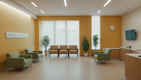 Interior of an office building with green armchairs and reception deskの素材