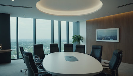 Interior of modern conference room with panoramic windows and city viewの素材