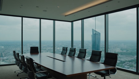 Modern conference room with panoramic city view. 3D Renderingの素材
