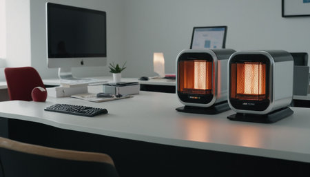 Modern computer room with two portable speakers on the table. 3D renderingの素材