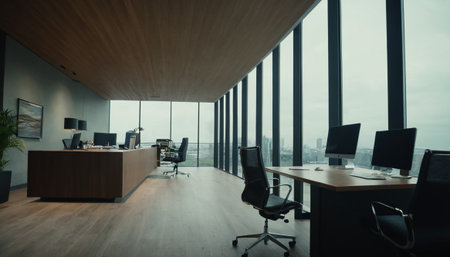 Modern office interior with panoramic window and city view. Nobody insideの素材