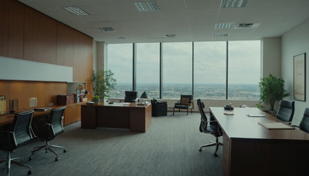 Modern office interior with panoramic window and city view. Nobody insideの素材