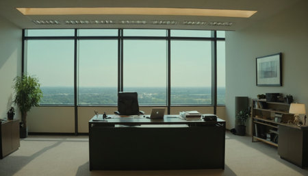 Modern office interior with large window and city view. Nobody inside.の素材