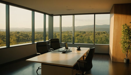 Modern meeting room interior with panoramic view of the mountains. Nobody insideの素材