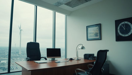 Modern office interior with panoramic window view and wind turbines.の素材
