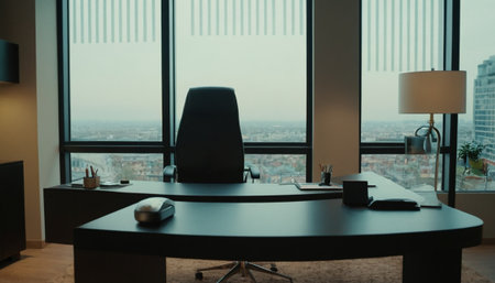 Modern office interior with panoramic window and city view. Nobody insideの素材