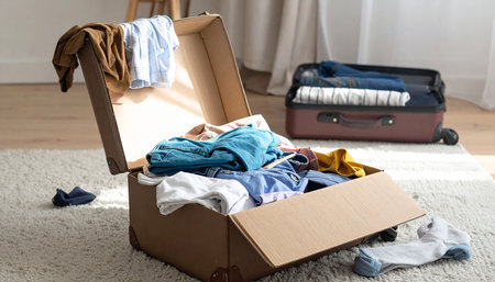 Open cardboard box with clothes on carpet at home. Vacation conceptの素材