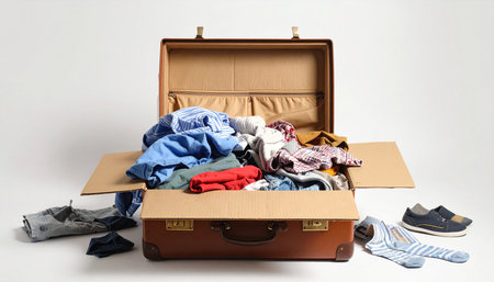 Open brown suitcase full of clothes isolated on white background with copy spaceの素材