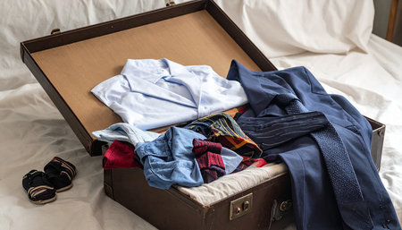 Open old suitcase with different shirts and clothes on the bed in bedroomの素材