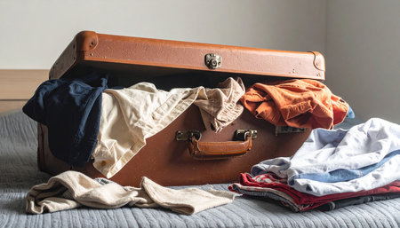 Open brown suitcase with clothes on the wooden floor in the room.の素材
