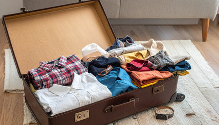 Open suitcase full of clothes on floor in living room at home.の素材