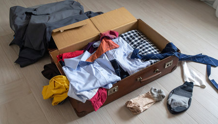 Open suitcase with clothes on the floor in the room, top viewの素材