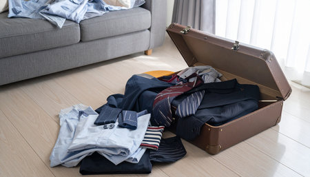 Open suitcase with suitcases and shirts in the living room at homeの素材
