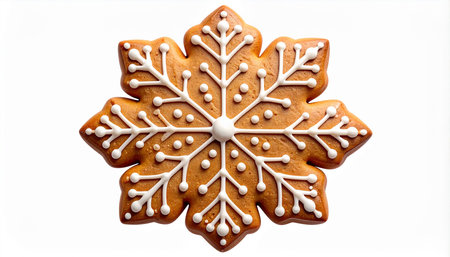 Christmas gingerbread snowflake cookie isolated on white background. Top view.の素材