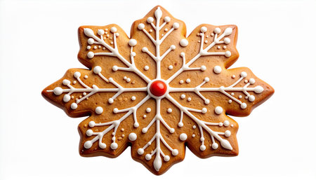 Christmas gingerbread cookie with snowflake on white background, top viewの素材