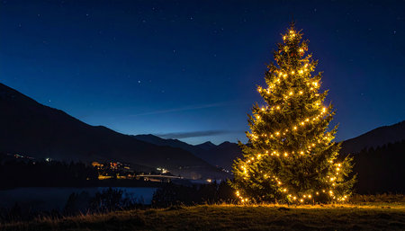 Christmas tree in the mountains at night with a view on the lakeの素材