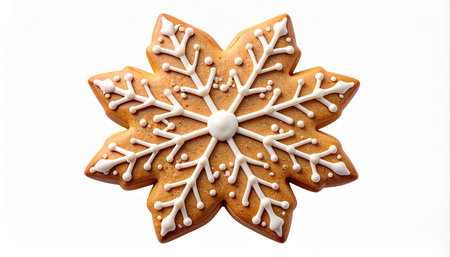 Christmas gingerbread cookie with white snowflakes on a white backgroundの素材