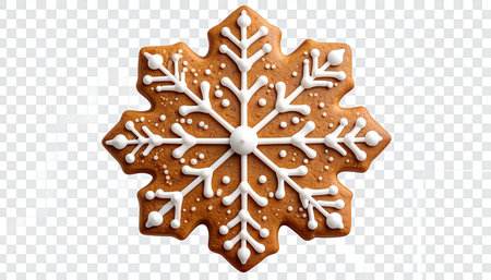 Christmas gingerbread snowflake cookie isolated on transparent background. Top view.の素材