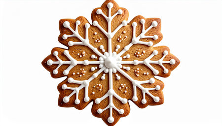 Snowflake shaped gingerbread cookie isolated on white background. Top view.の素材