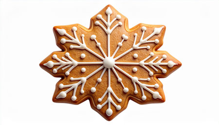 Christmas gingerbread cookie with white snowflake isolated on a white backgroundの素材