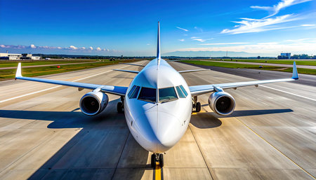Airplane on the runway of an international airport in the rays of the setting sunの素材