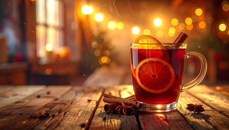Mulled wine with spices on a wooden table. Christmas backgroundの素材